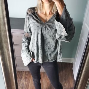 eri + ali Anthropologie Green Gray Blouse Top
